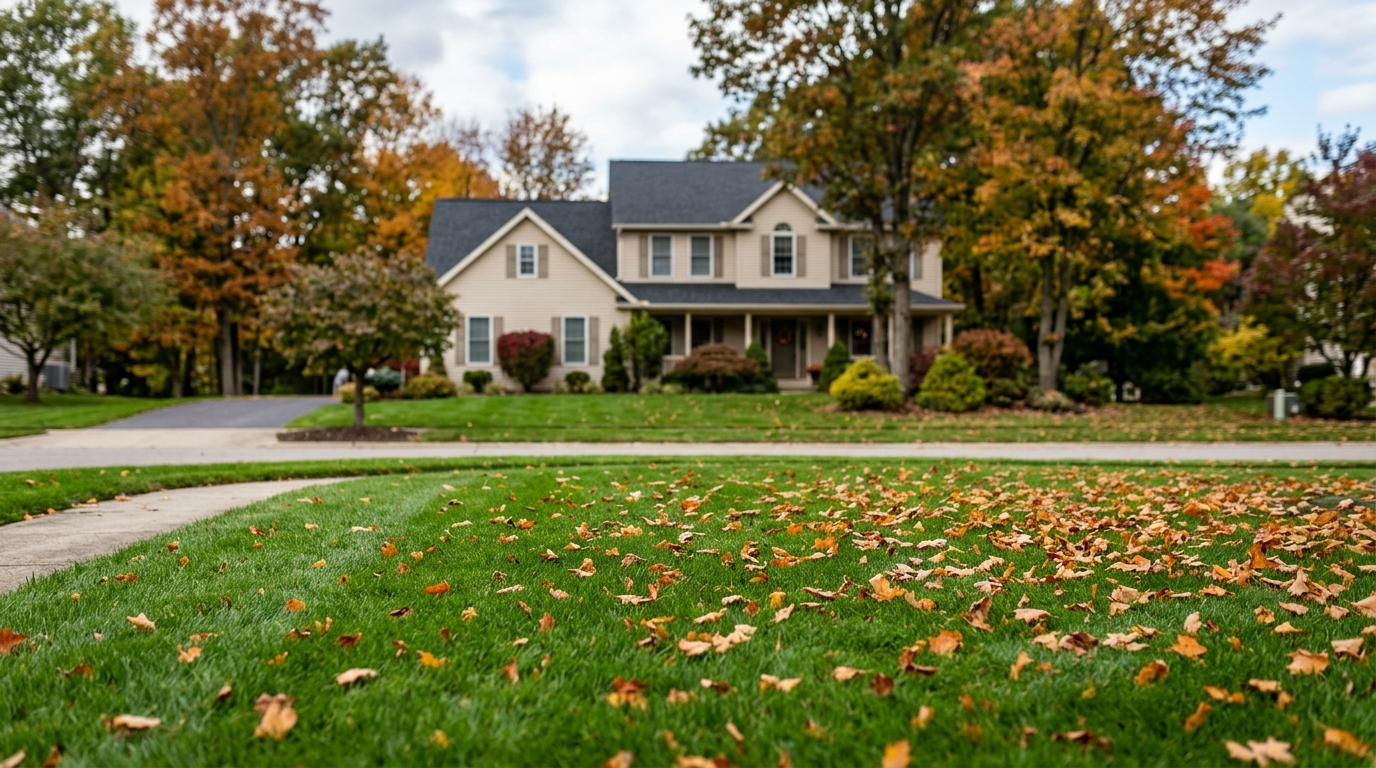 fall lawn in a residential neighborhood, Upstate NY