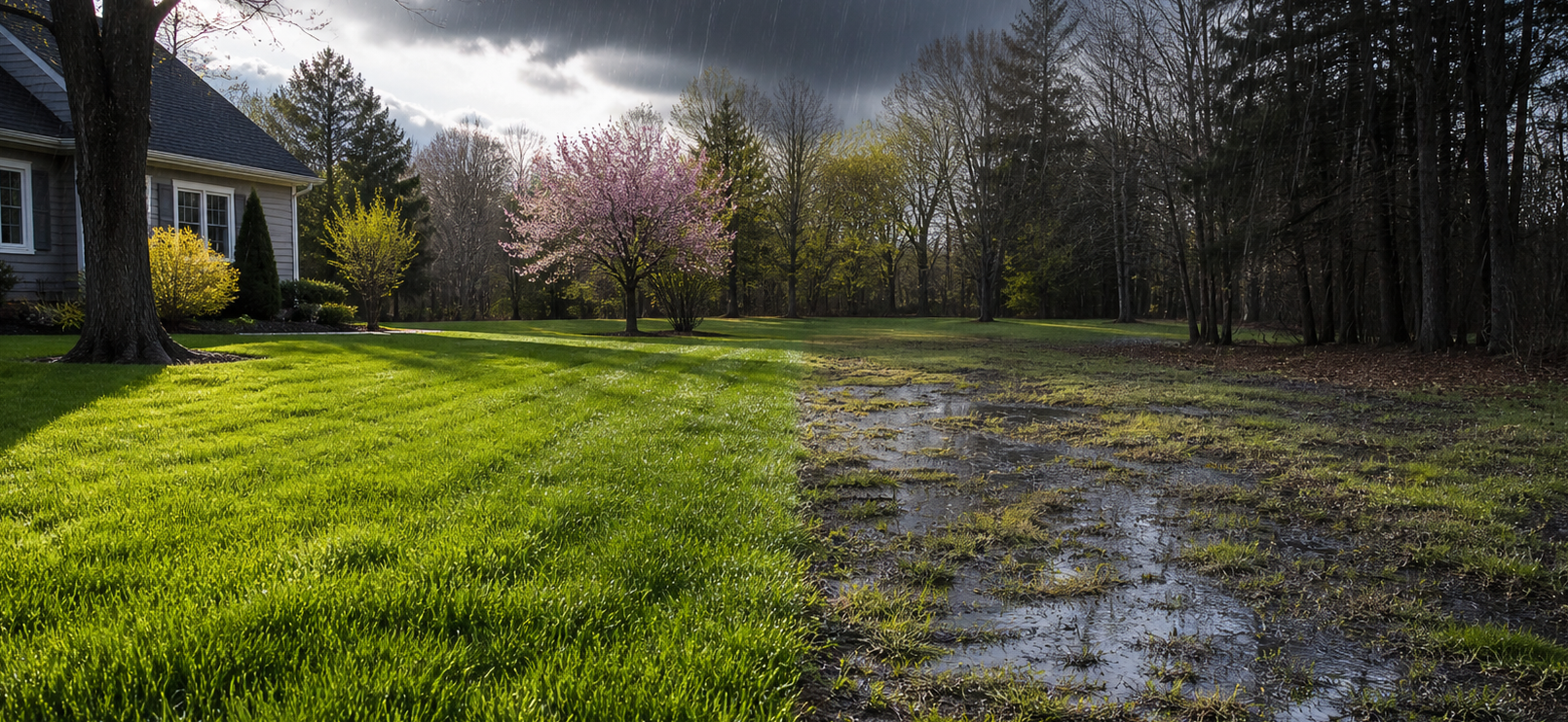 Sunlit grassy yard beside a muddy driveway, with a house and blooming trees under dark storm clouds