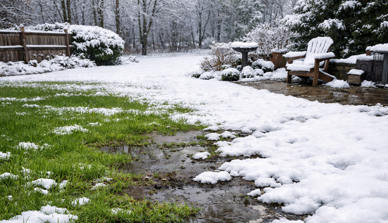 Snowy garden path with patchy green grass and benches covered in snow