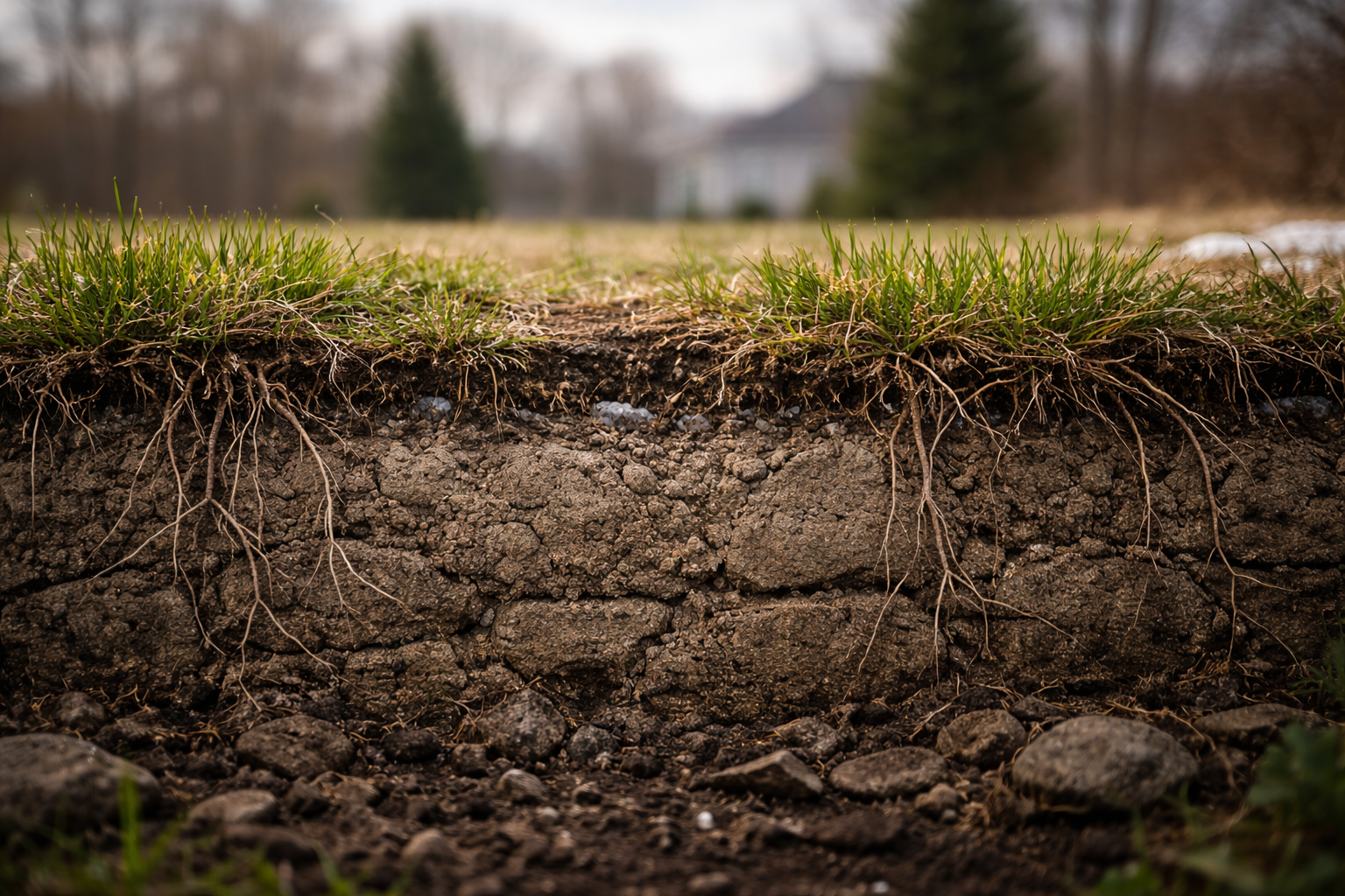 Cross-section of soil showing grass, roots, and layers of earth, with blurred background of a backyard.