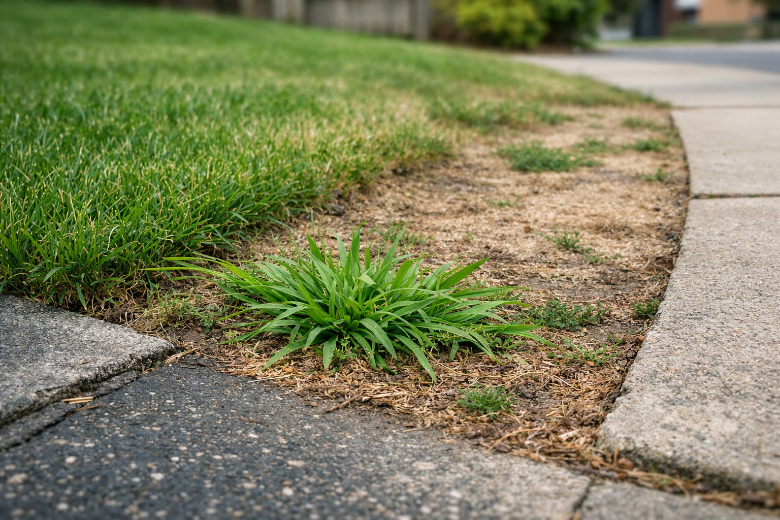 A small, green crabgrass weed grows in a patch of dry, brown soil between a concrete sidewalk and a healthy lawn