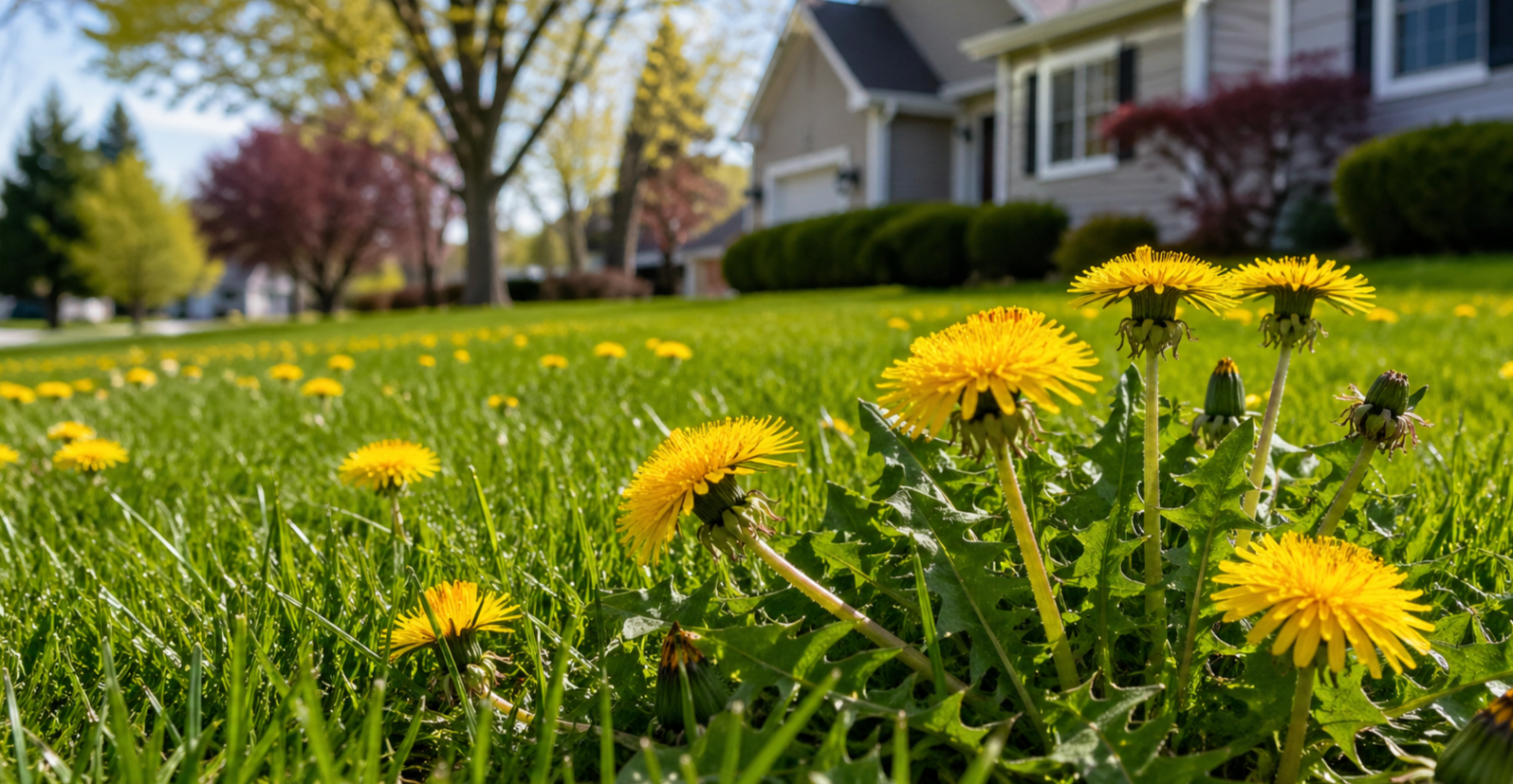 Yellow dandelions in a green lawn with suburban houses in the background
