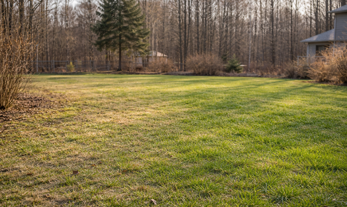 A backyard lawn transitions from patches of brown dormant grass in the foreground to lush green grass near a tree line.