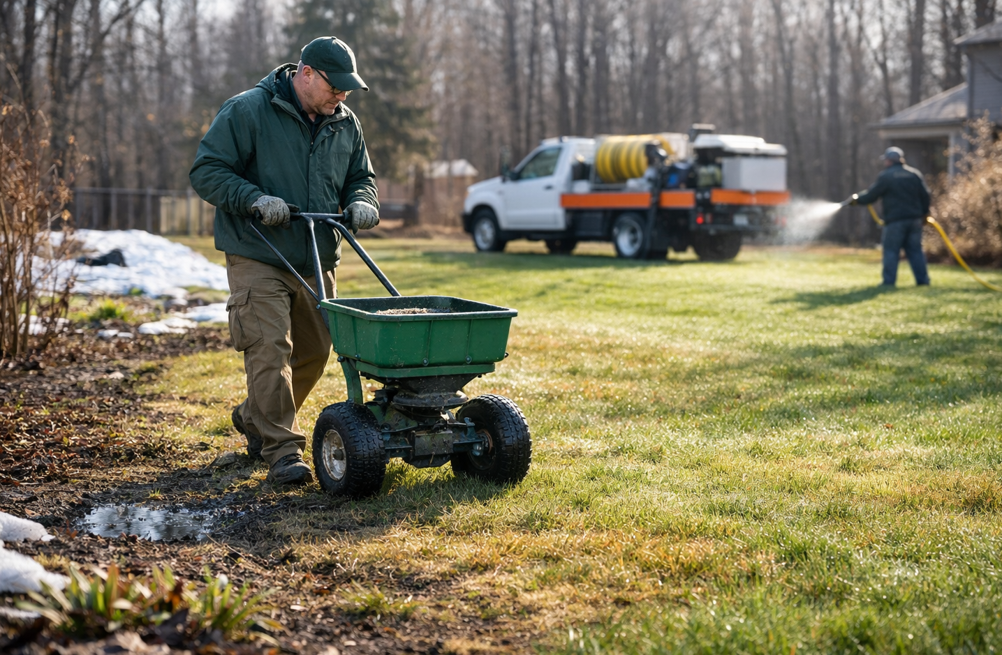 A worker pushes a green spreader across a lawn, while another worker in the background sprays the grass near a truck.