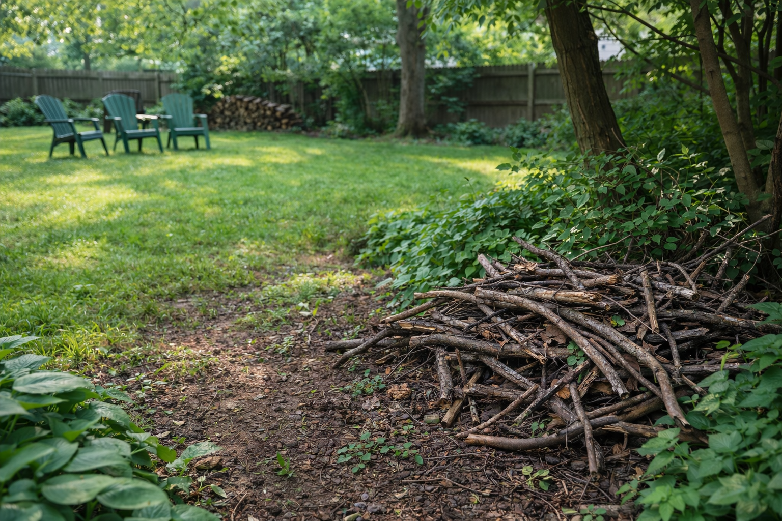 A lush backyard with three green Adirondack chairs in the distance and a large pile of fallen branches in the foreground.