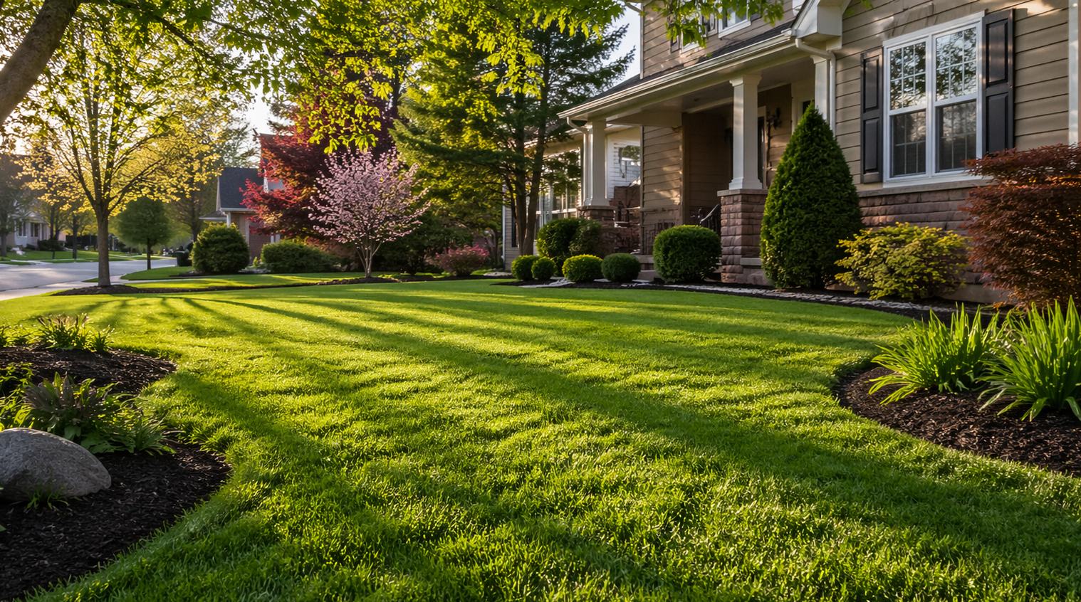 Sunlit suburban front yard with lush green lawn, trees, shrubs, and a brick house porch.