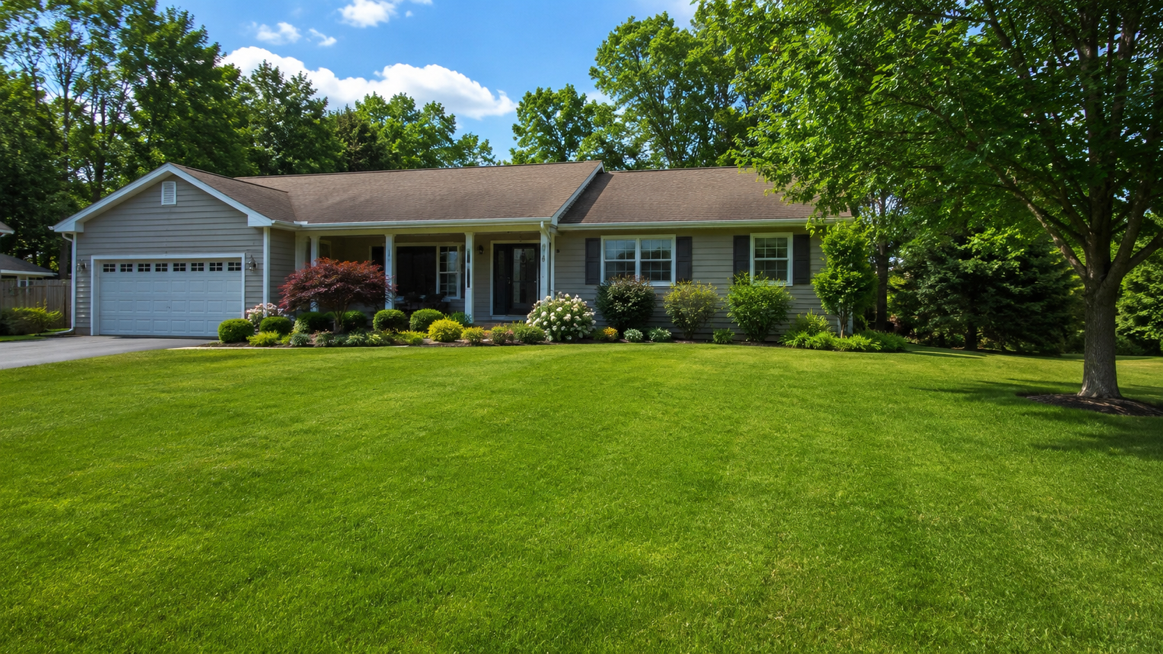 Suburban ranch house with a large green lawn, garage, and trees on a sunny day