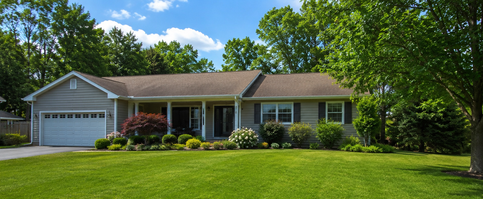 Suburban house with a two-car garage, front porch, and a wide green lawn under sunny skies