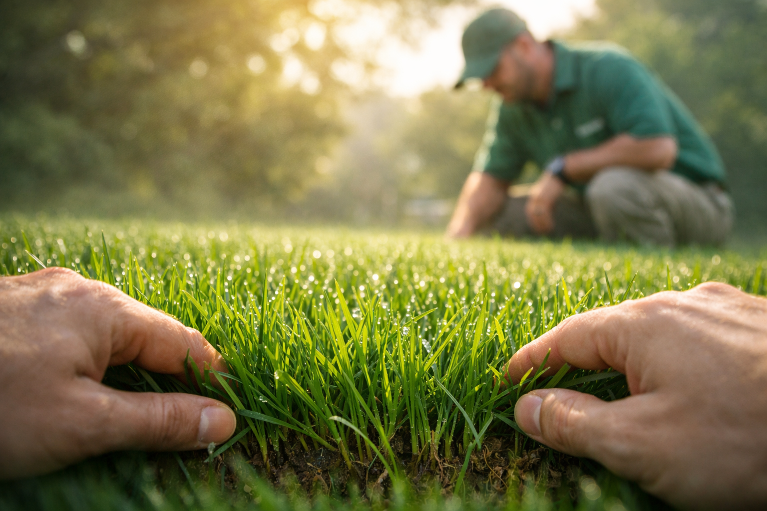 Close-up of hands parting lush, dew-covered green grass with a person kneeling in the blurred background.