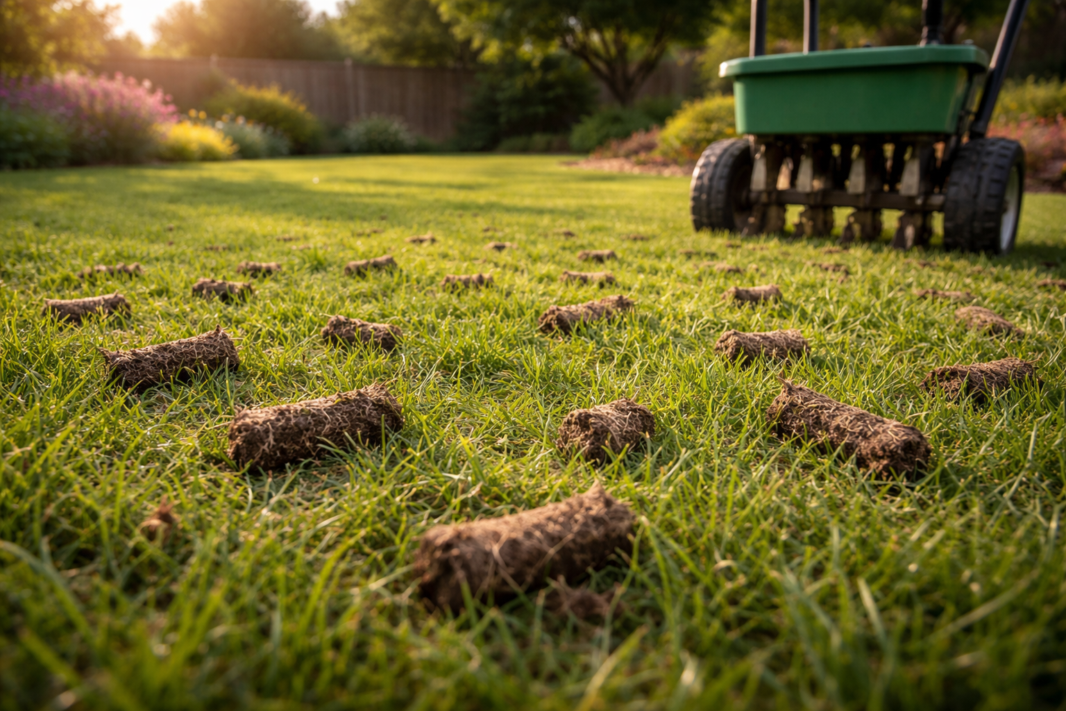 A green lawn aerator sits on a grassy field scattered with small soil plugs pulled from the ground during aeration.