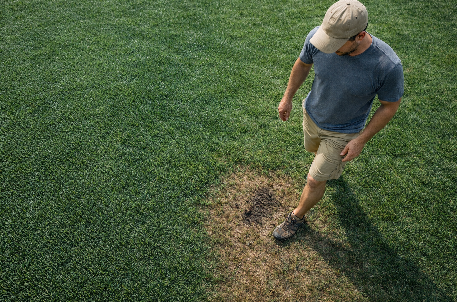 A person wearing a hat, blue shirt, and shorts walking across a lawn with a patch of dead, brown grass.