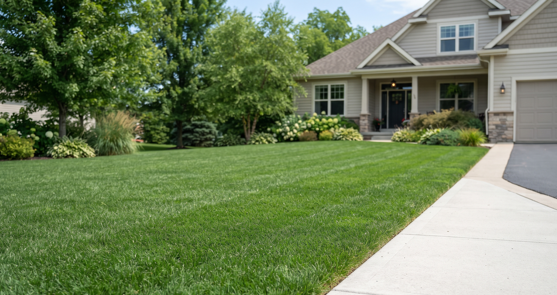 Suburban house with a manicured green lawn and a concrete driveway in the foreground