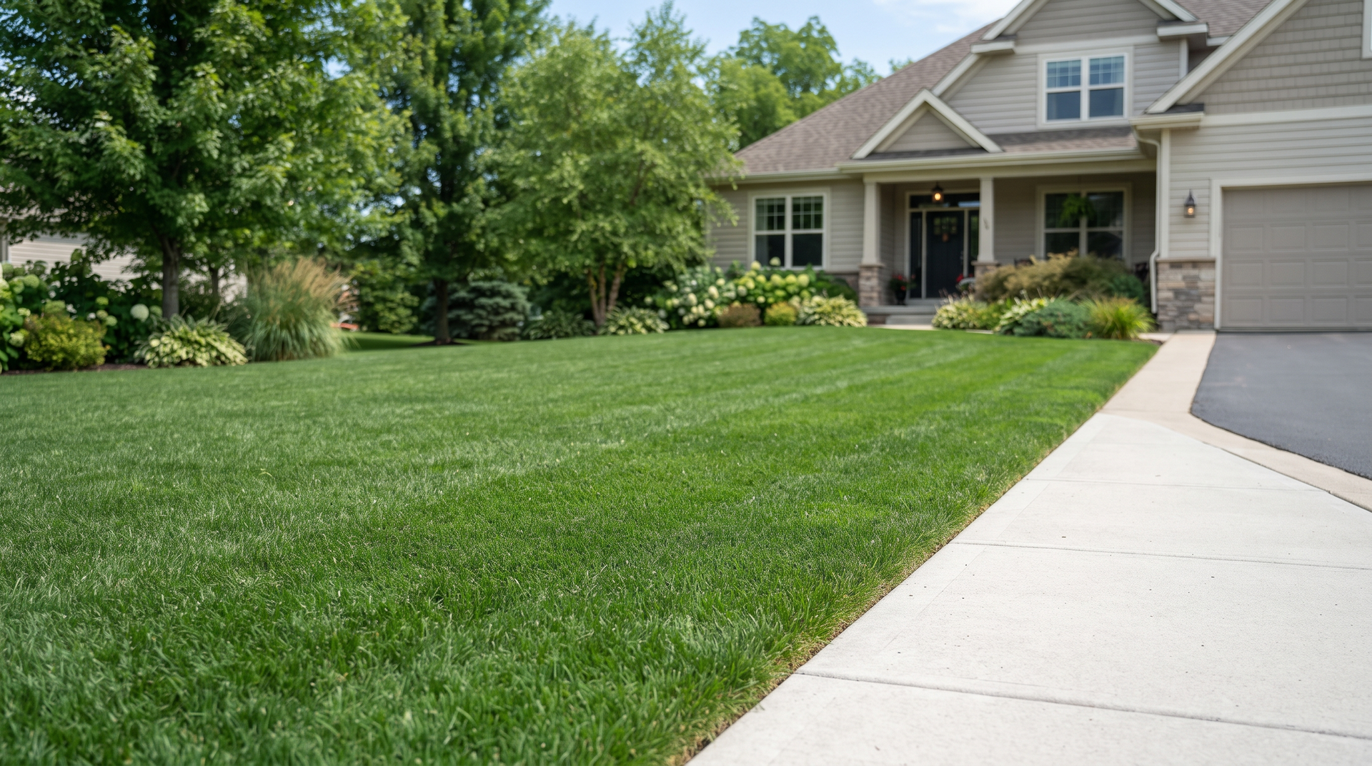 Suburban house with a large green lawn and a concrete driveway in the foreground