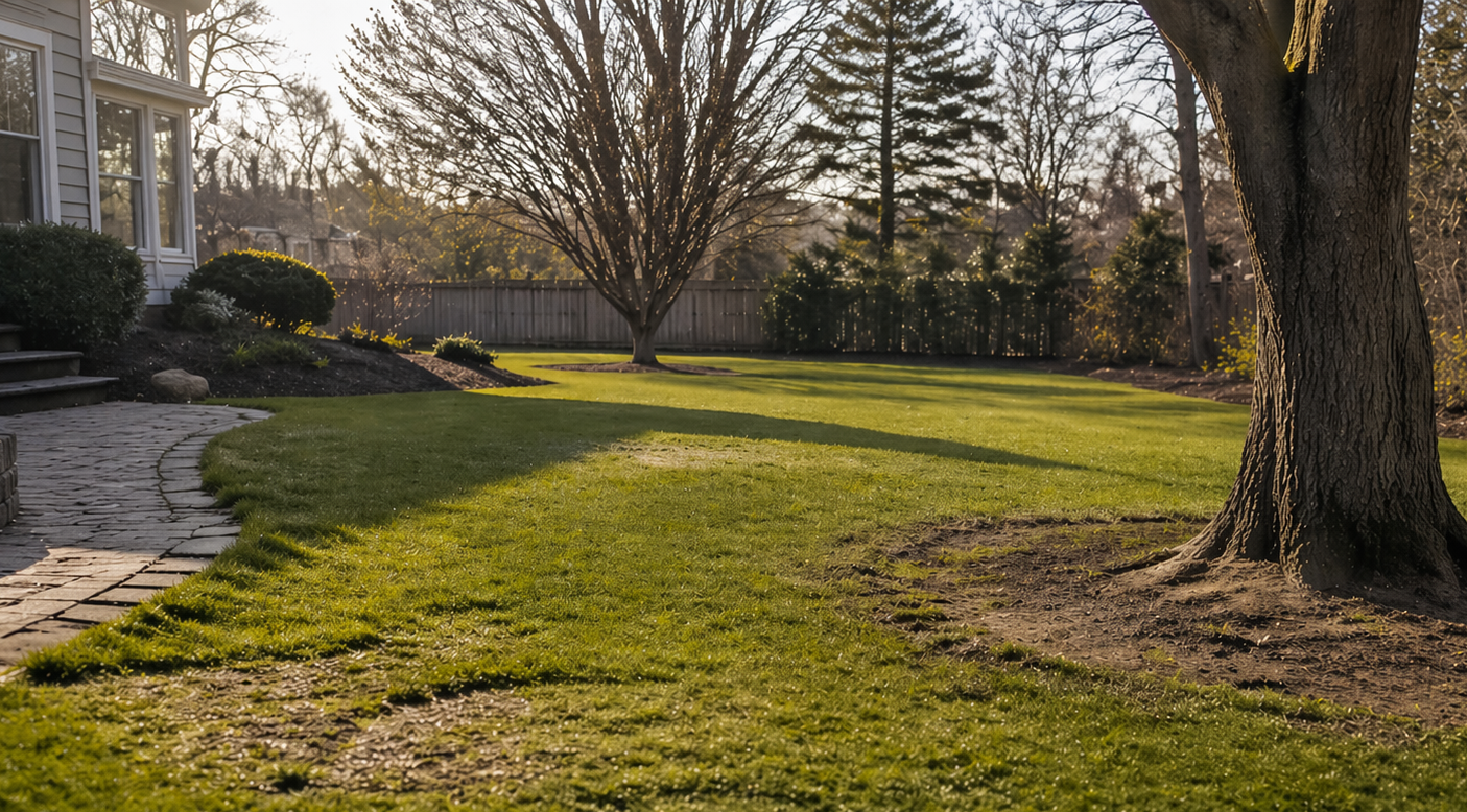 Sunny suburban backyard with green lawn, large tree, and stone patio beside a house