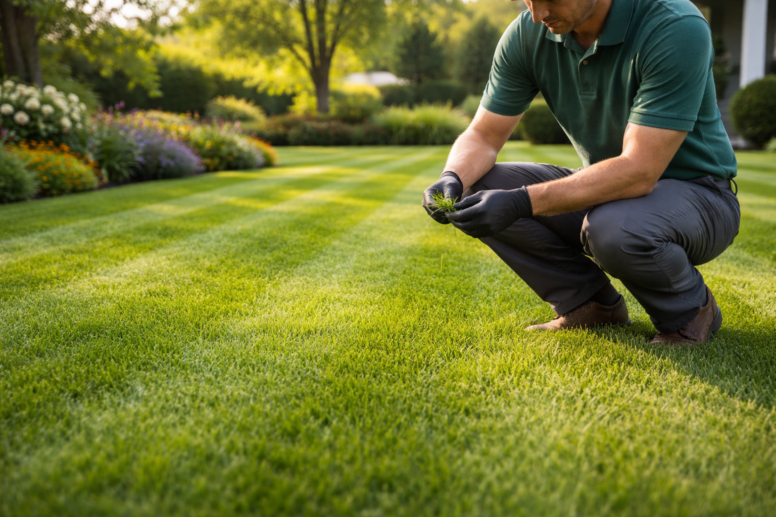 A person wearing dark gloves crouches on a neatly mown, striped lawn, inspecting a small patch of grass.
