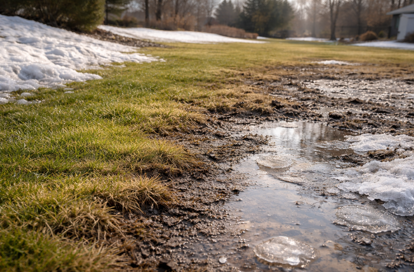 Lawn with patches of green grass, mud, and melting snow; suburban setting.
