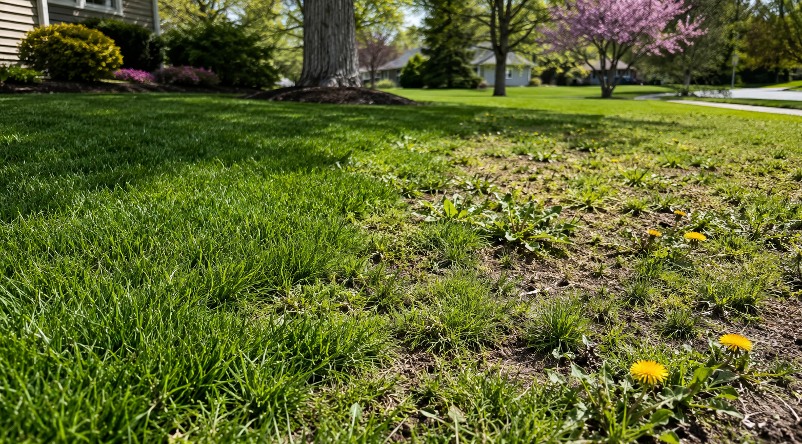 Green lawn with a patch of bare soil and yellow flowers near a tree in a sunny yard