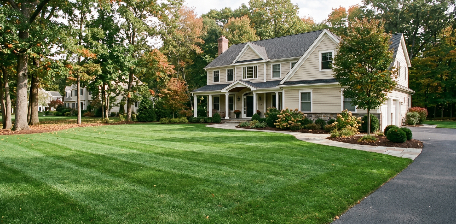 Large gray house with a manicured green lawn, driveway, and autumn trees in front