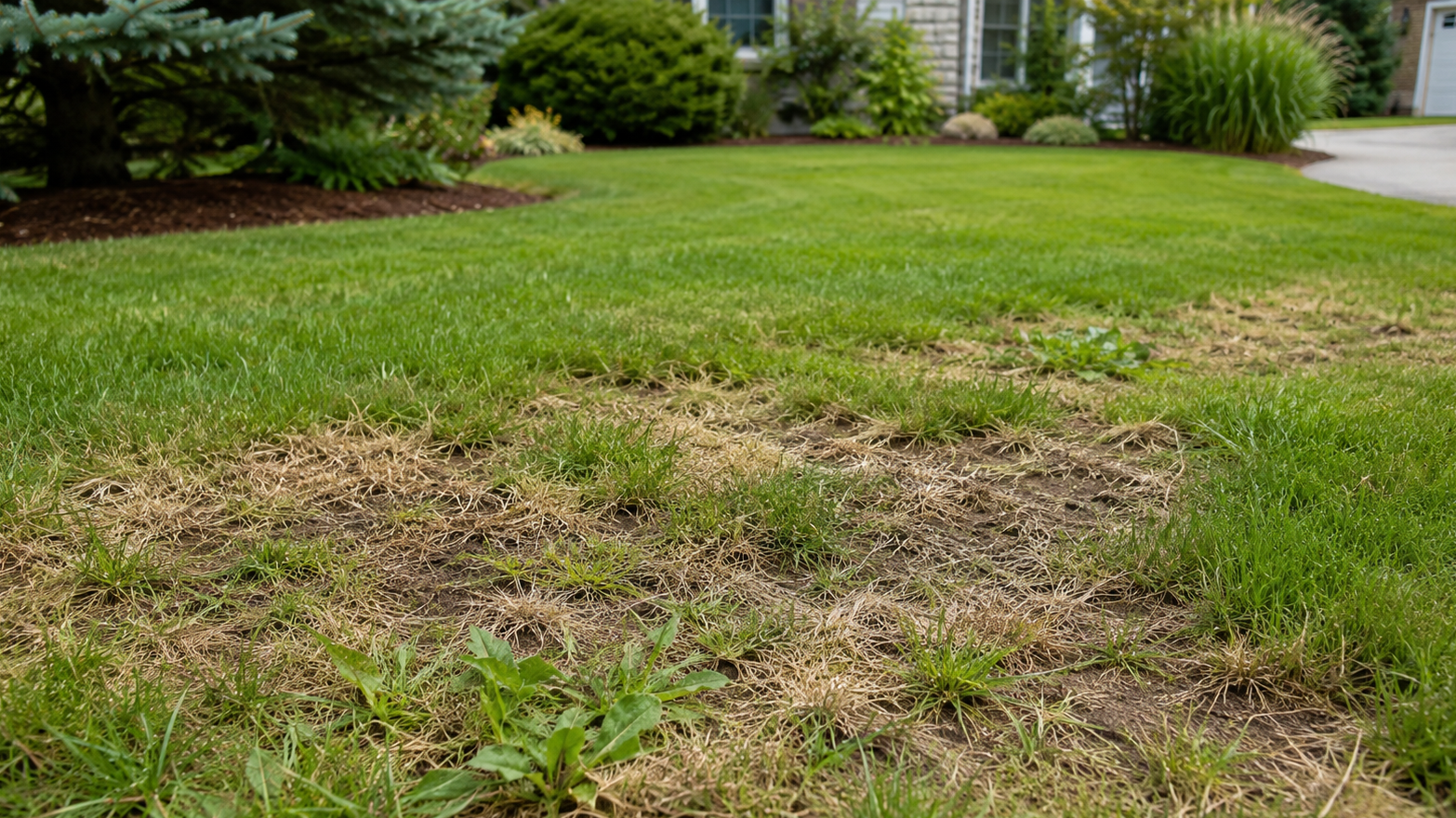 Patchy brown grass in a green suburban lawn near shrubs and a driveway.
