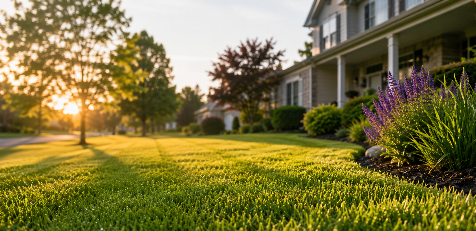Sunlit suburban house with a lush green lawn and purple flowers at dawn