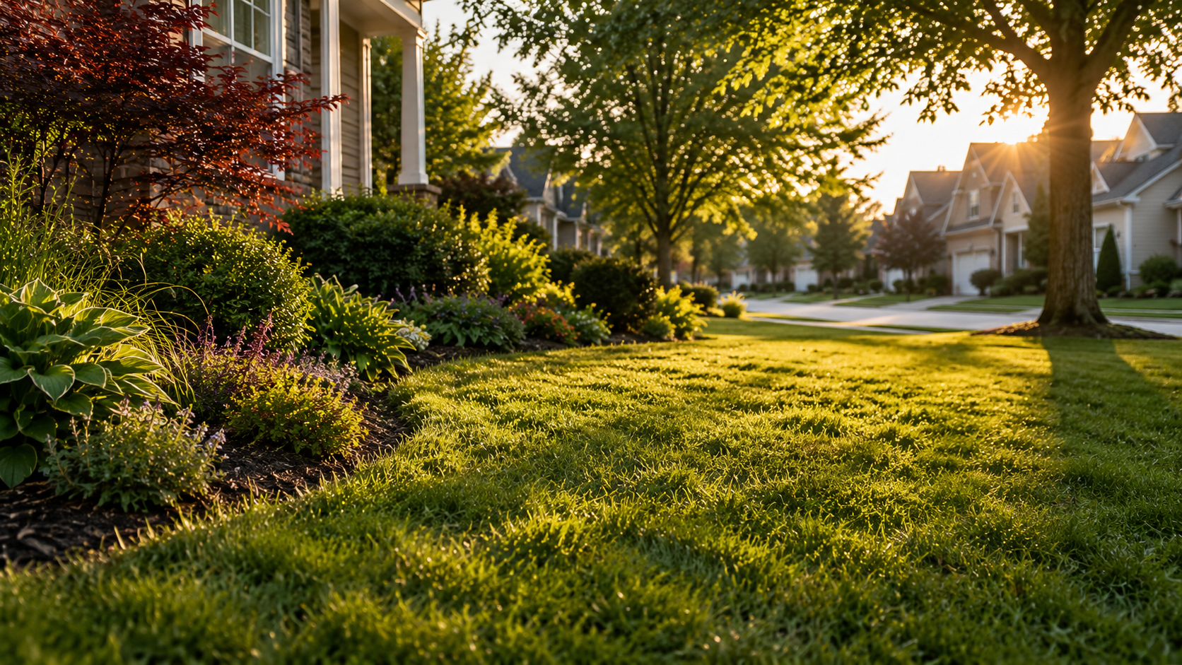 Sunlit suburban lawn and garden with trees and houses at dusk