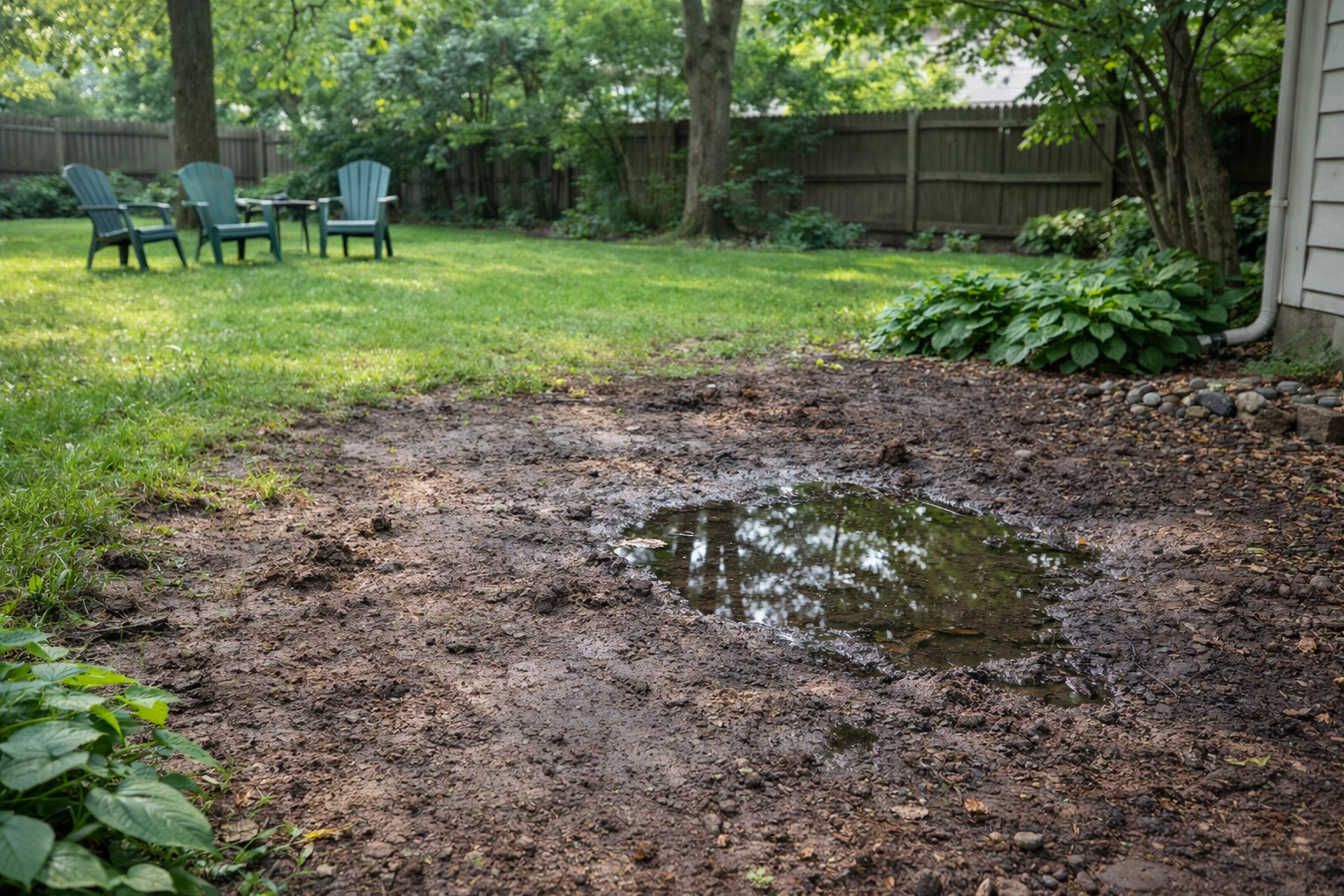 A backyard view showing a muddy patch of ground with a standing puddle in the foreground and lawn chairs on the grass.