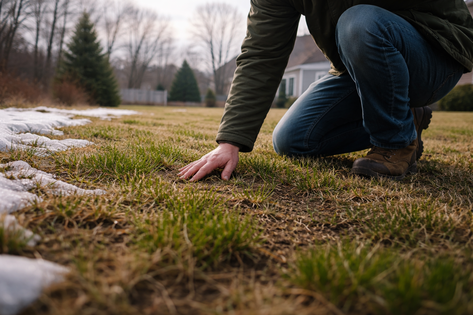 Person crouches, hand on patchy brown and green lawn with snow patches in front of house.