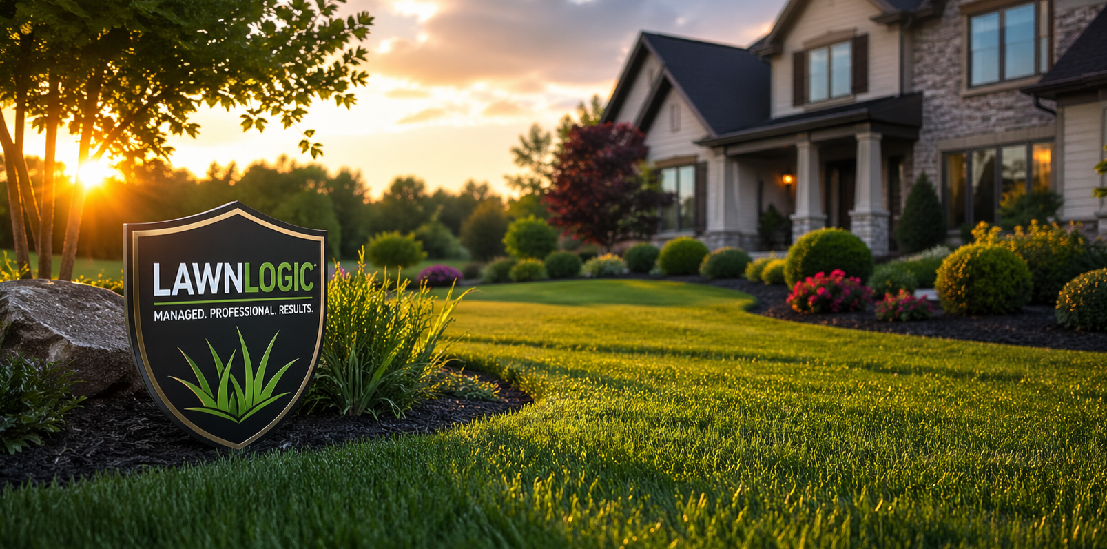 Lawn care sign in a sunlit suburban yard with a house and manicured green grass at sunset