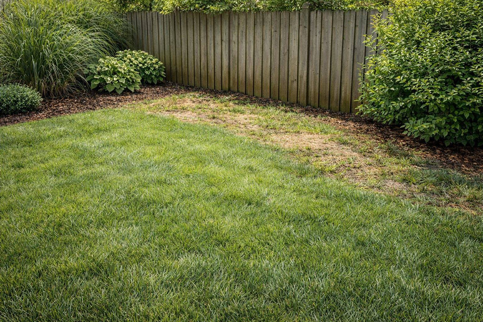 A backyard scene featuring a lush green lawn transitioning into a dry, patchy area near a weathered wooden fence.