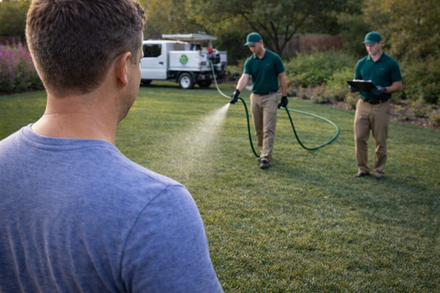 Two workers in green uniforms spray a lawn while a person in a blue shirt looks on, with a service truck in the background.