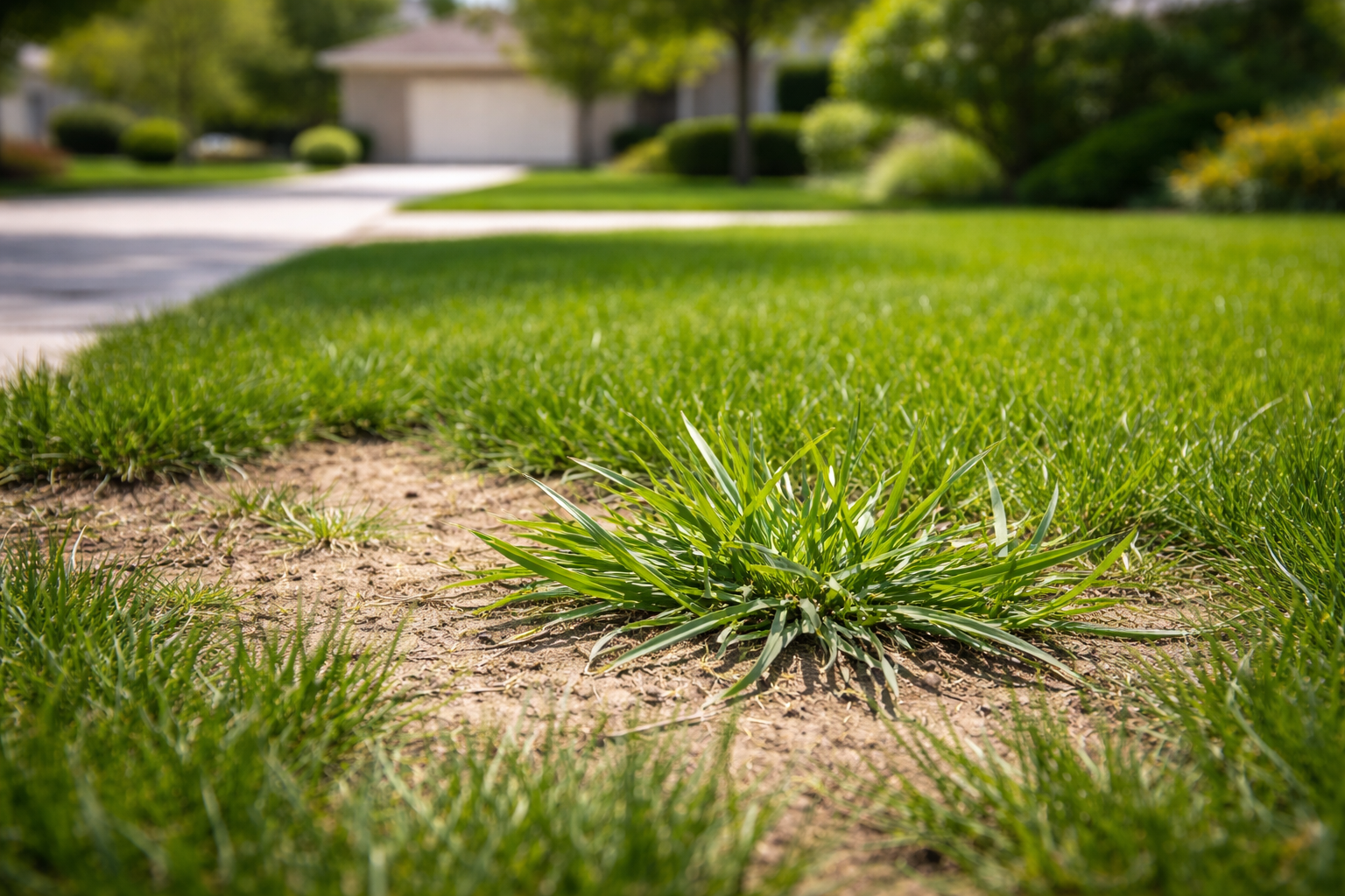 A single patch of vibrant green grass grows in the middle of a brown, barren spot on an otherwise healthy residential lawn.