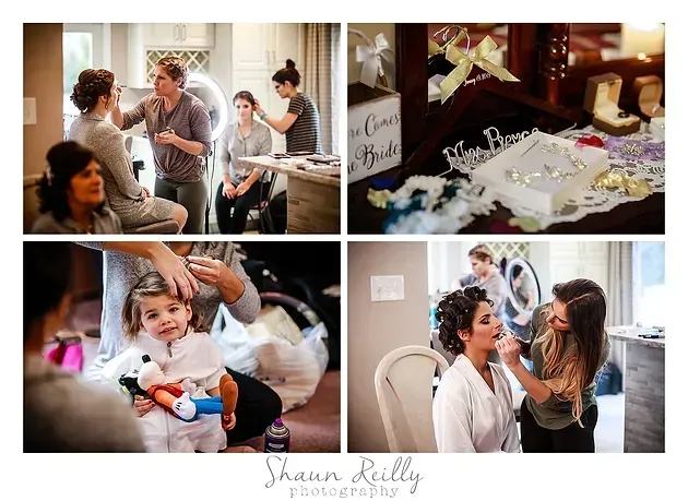 Collage of a wedding couple and child preparing, with rings, gift cards, and makeup scenes