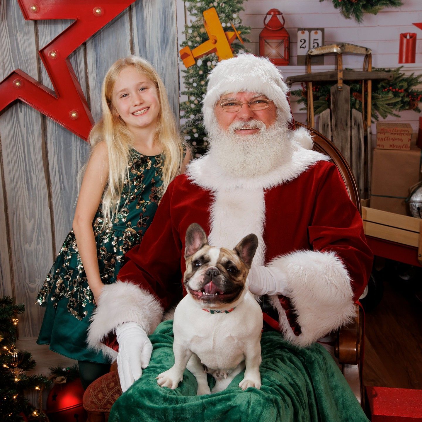 Santa with a small dog and a smiling girl in a festive holiday setting