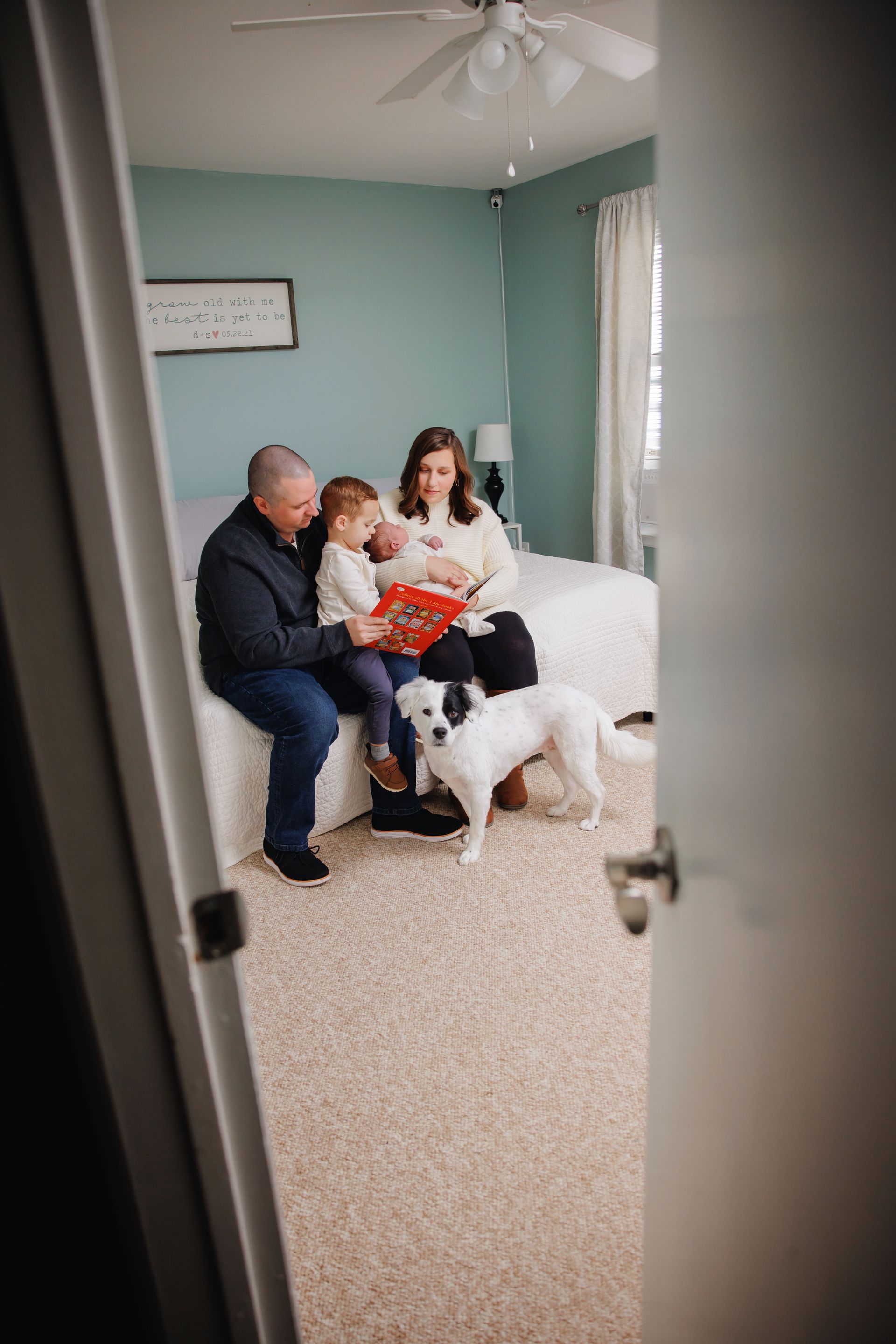 Family sitting on a bed in a blue bedroom with two dogs nearby, viewed through a doorway