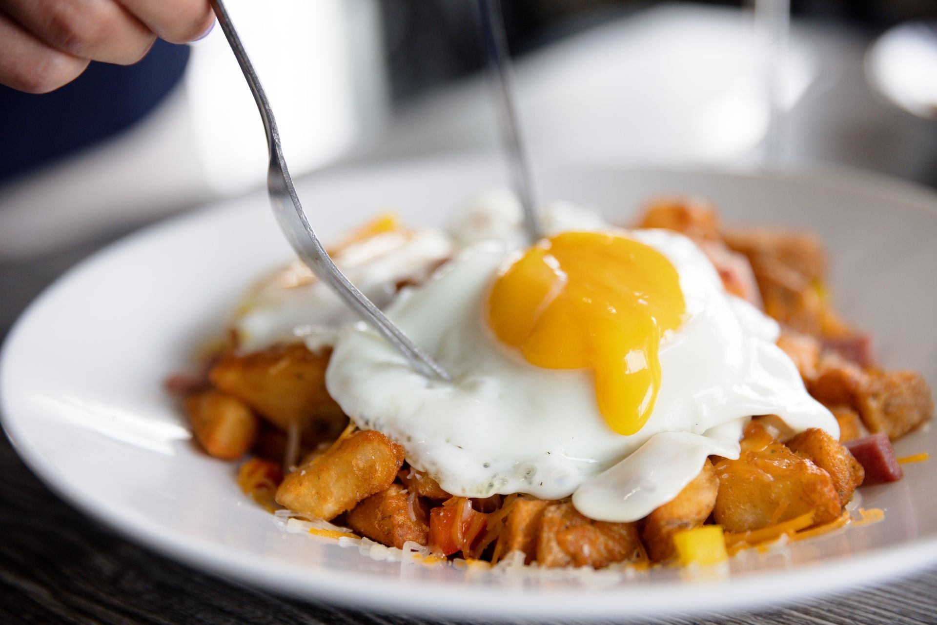 Poached egg over crispy potatoes on a white plate, with yolk spilling over the dish