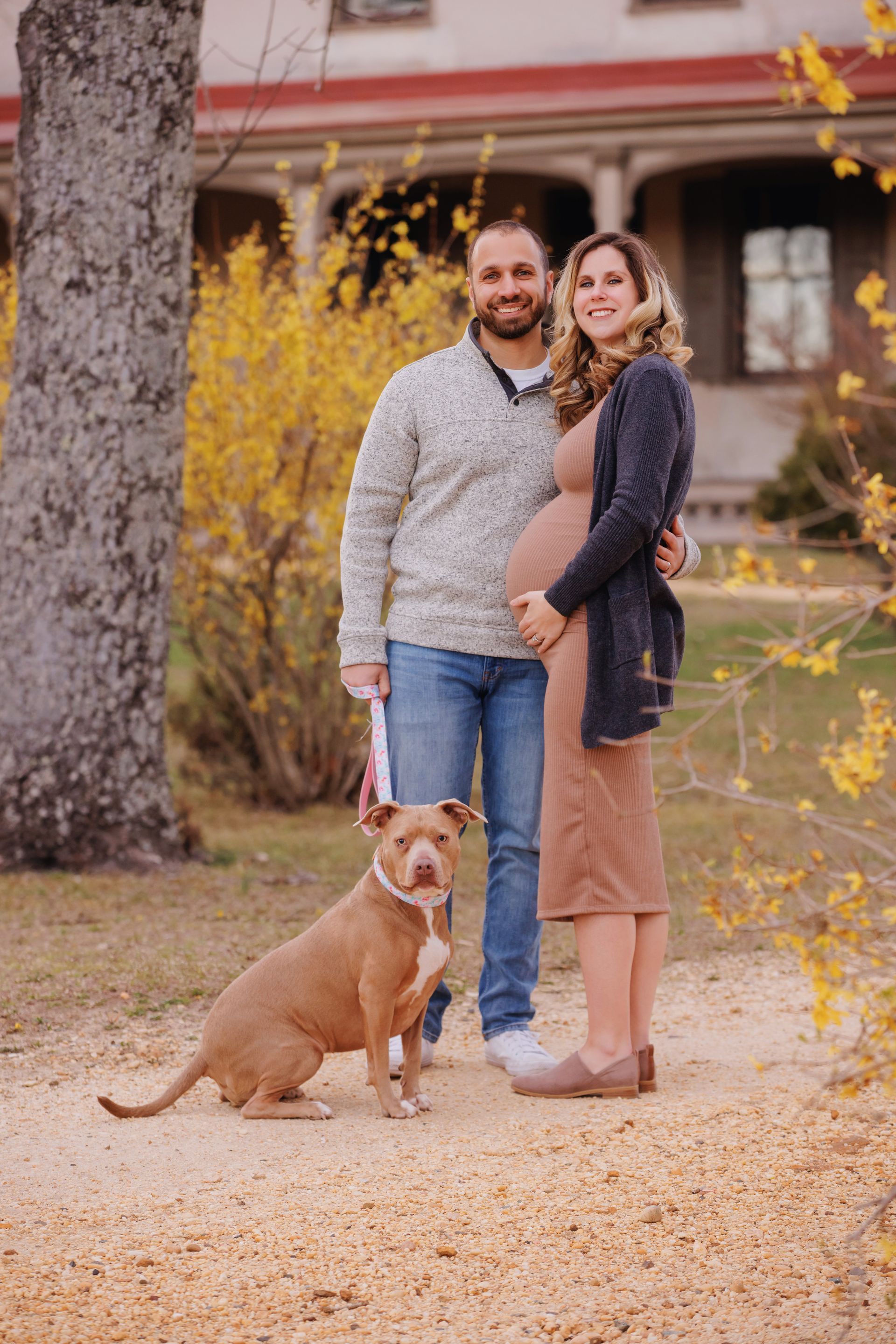 Couple standing with a brown dog on a path in front of yellow autumn bushes