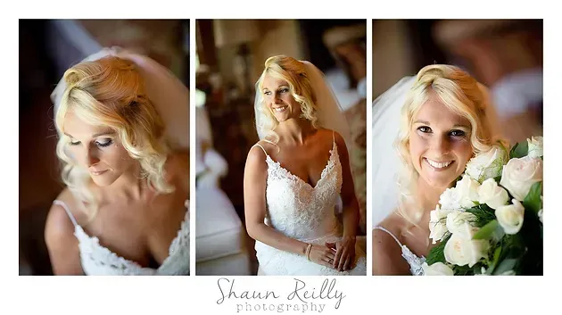 Bride in a white lace dress smiling in three wedding portrait shots with a bouquet of white flowers