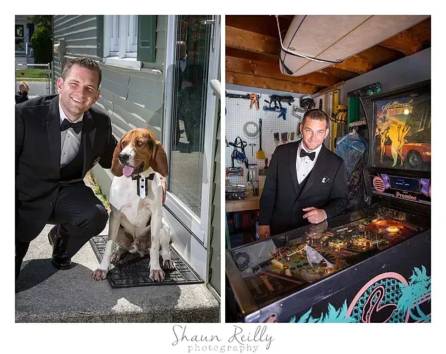 Two wedding photos: a man in a tux with a dog, and the same man at a bar with arcade games.