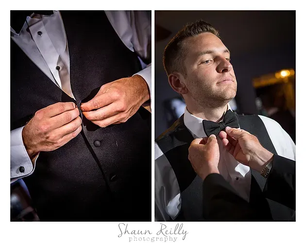 Man adjusting tuxedo jacket and bow tie in a two-panel wedding prep portrait