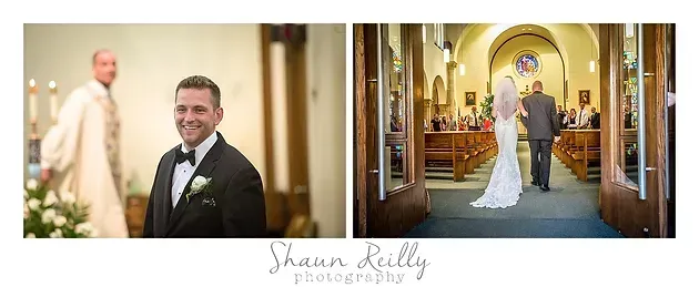 Wedding couple in church, groom smiling in foreground and bride at altar in the background