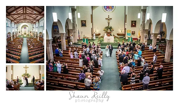 Church interior with congregation seated in pews during a service, viewed from the back and front inset views