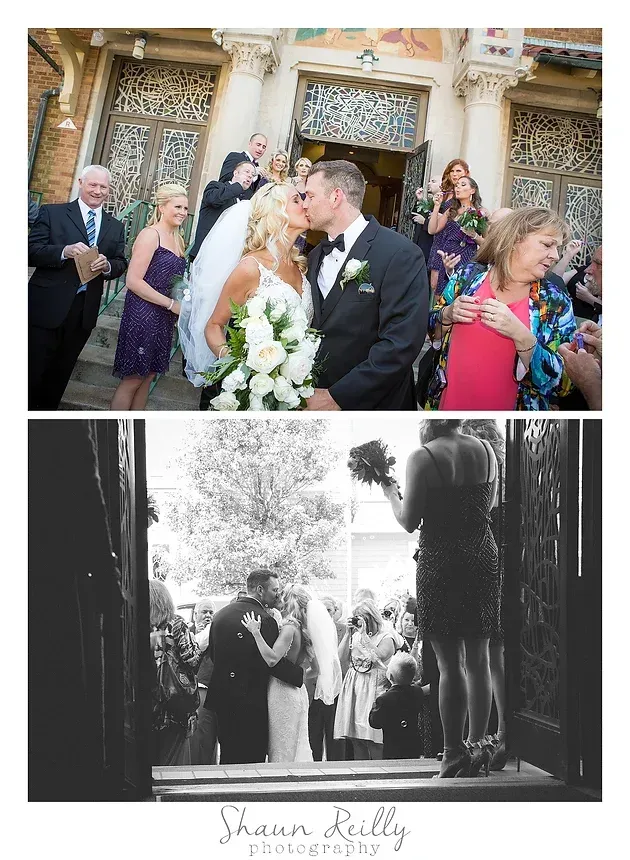 Wedding couple kissing outside ornate venue, with guests watching; black-and-white version below.