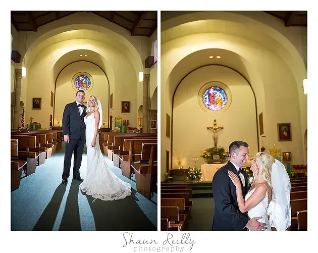 Bride and groom kissing in a chapel with arched ceiling and stained-glass window, in a wedding photo collage