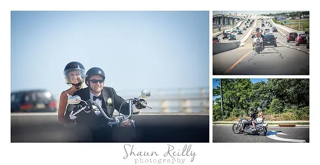 Three-panel motorcycle collage: riders on a road, a scenic ride, and a close-up smiling duo on a bike