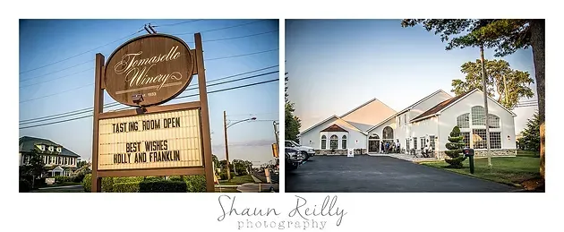 Split image of a roadside sign and a white event venue with trees and clear blue sky