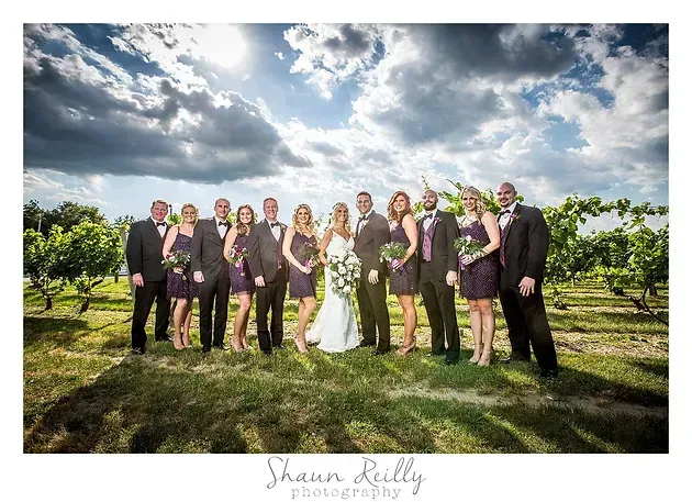 Wedding party posing outdoors in a vineyard under a cloudy sky