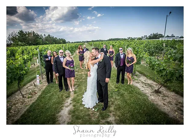 Wedding couple kissing in a vineyard with bridal party under a cloudy sky