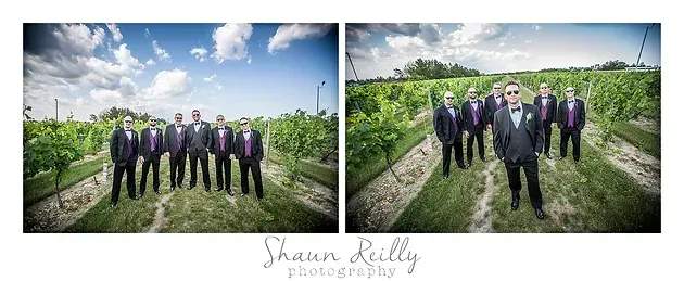 Group of people in dark suits standing in a green vineyard under a partly cloudy sky