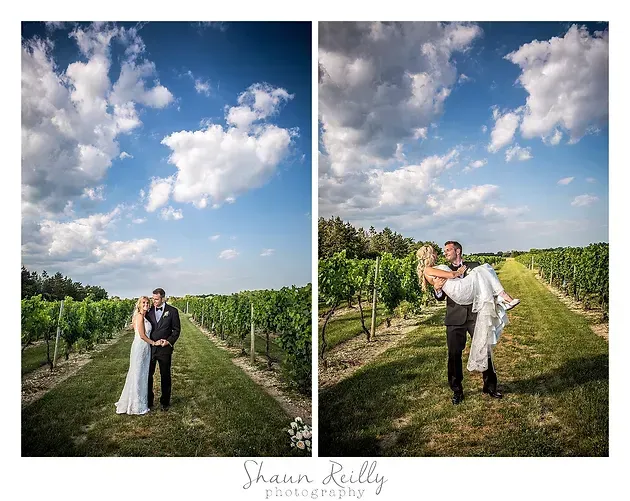 Newlyweds posing and embracing in a vineyard under a bright blue sky with clouds