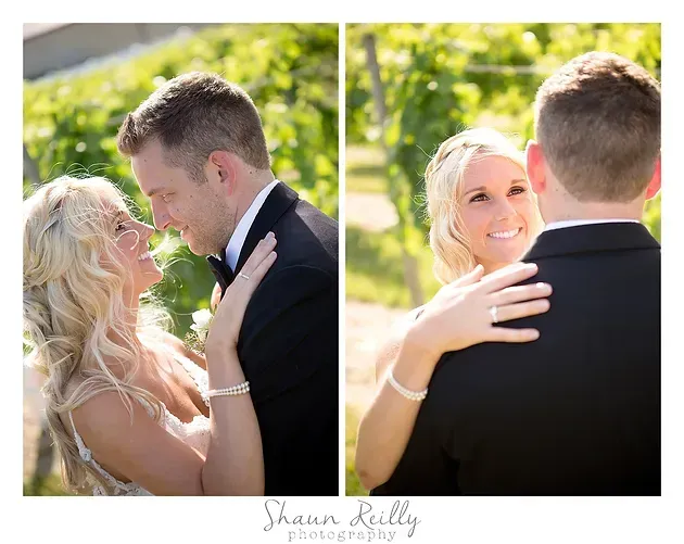 Bride and groom embracing outdoors in bright sunlight, smiling at each other